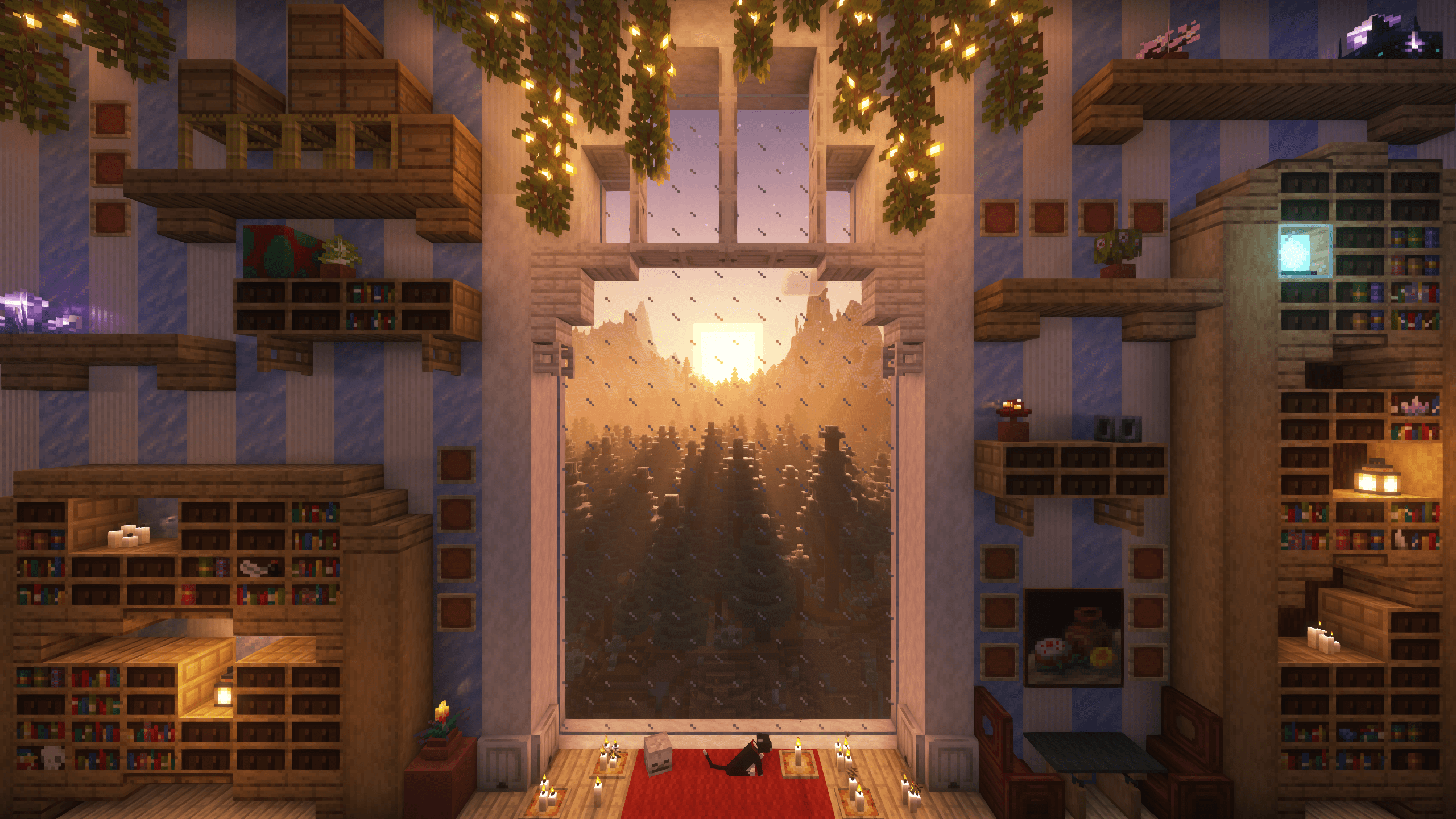 A cozy Incogcraft library overlooking a sunlit forest
